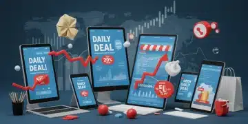 Digital devices showing daily deals with market trend graphs