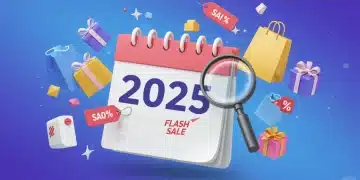Illustration of 2025 calendar with shopping bags and discount tags, symbolizing upcoming daily deals and flash sales.