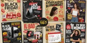 Illustration of various weekly flyers advertising Black Friday and Cyber Monday sales in 2025, with festive holiday decor.