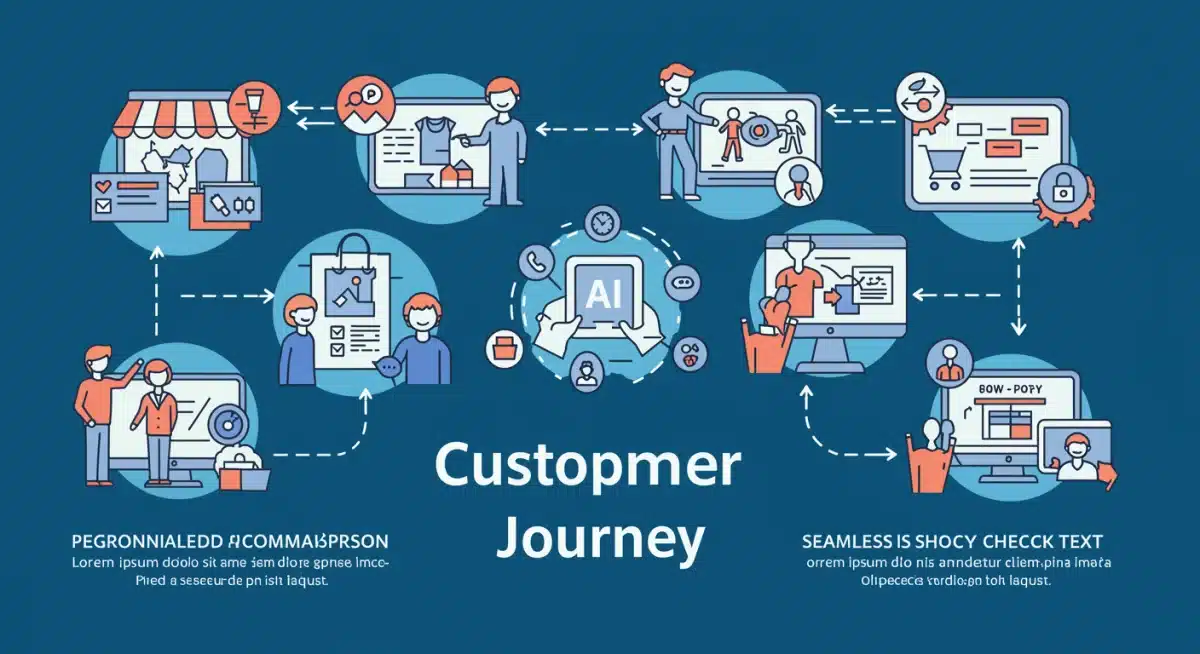 AI-driven personalized shopping experience graphic, showing recommendations and virtual try-ons.