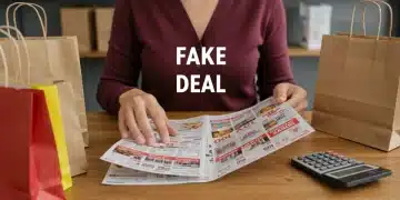 Person analyzing weekly flyer to avoid fake deals and save money
