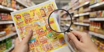 Person analyzing a weekly grocery flyer for savings