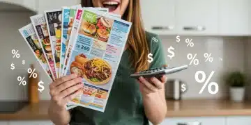 Person analyzing weekly grocery flyers with a calculator, symbolizing smart savings and financial planning.