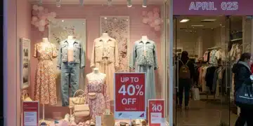 Vibrant storefront with spring fashion, 'Up to 40% Off' sign for April 2025 sales