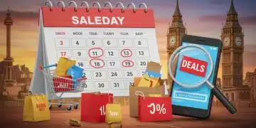 Calendar highlighting best shopping days with discount symbols and shopping carts in front of US landmarks, representing daily deals.