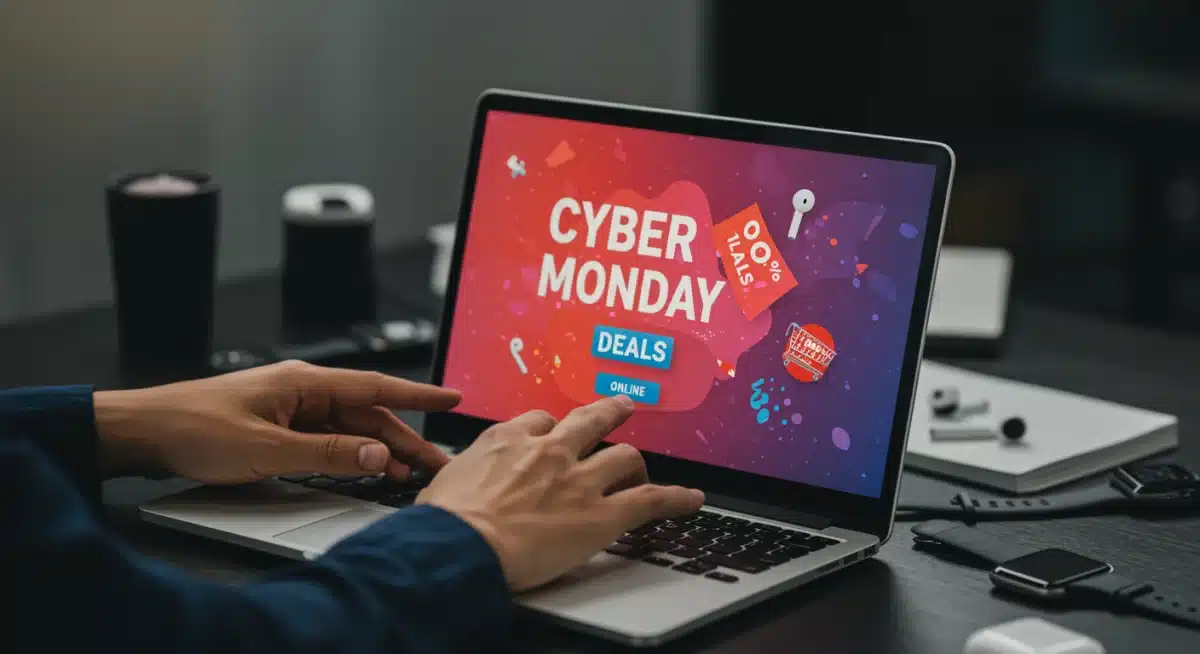 Person browsing Cyber Monday deals on a laptop with tech gadgets