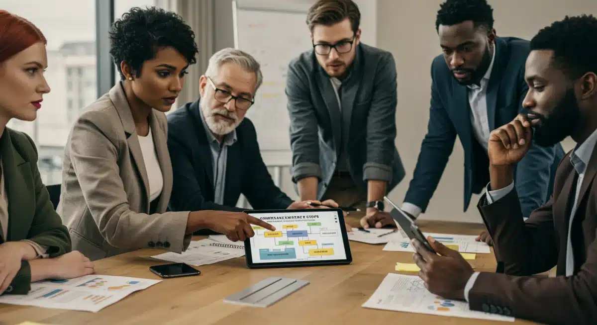 Business professionals collaborating on compliance strategy for new data privacy laws.