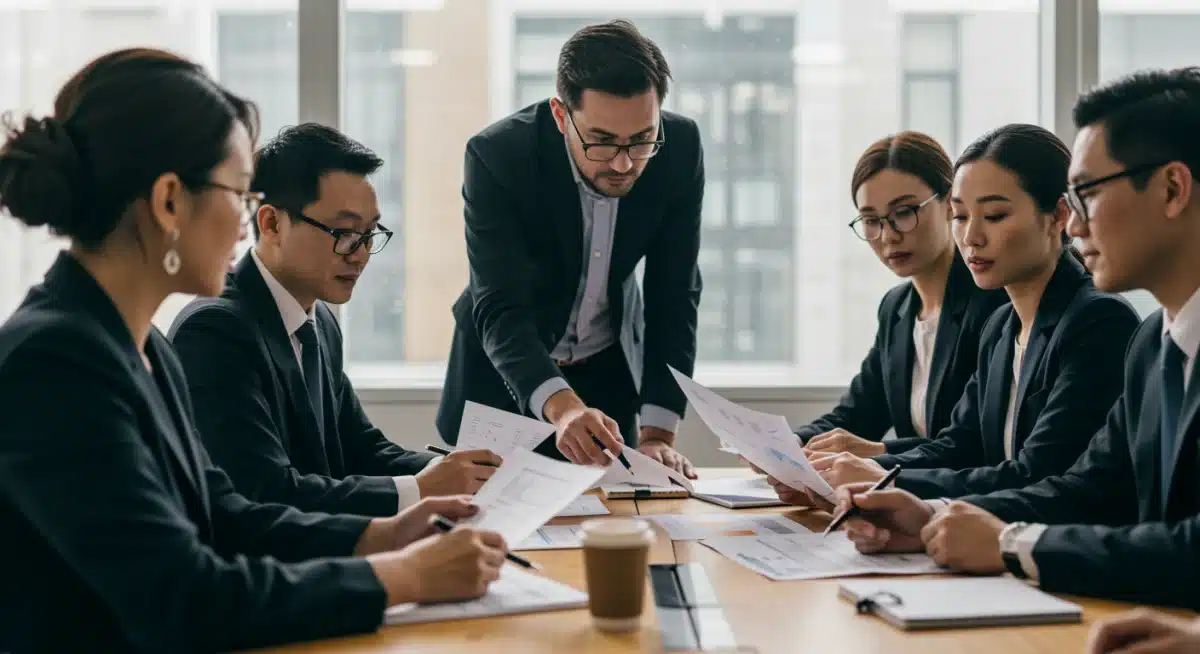 Business team collaborating on regulatory compliance strategy