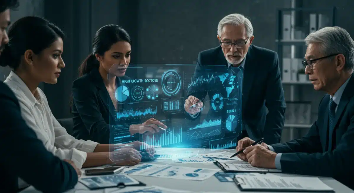 Business team analyzing growth data on a holographic display
