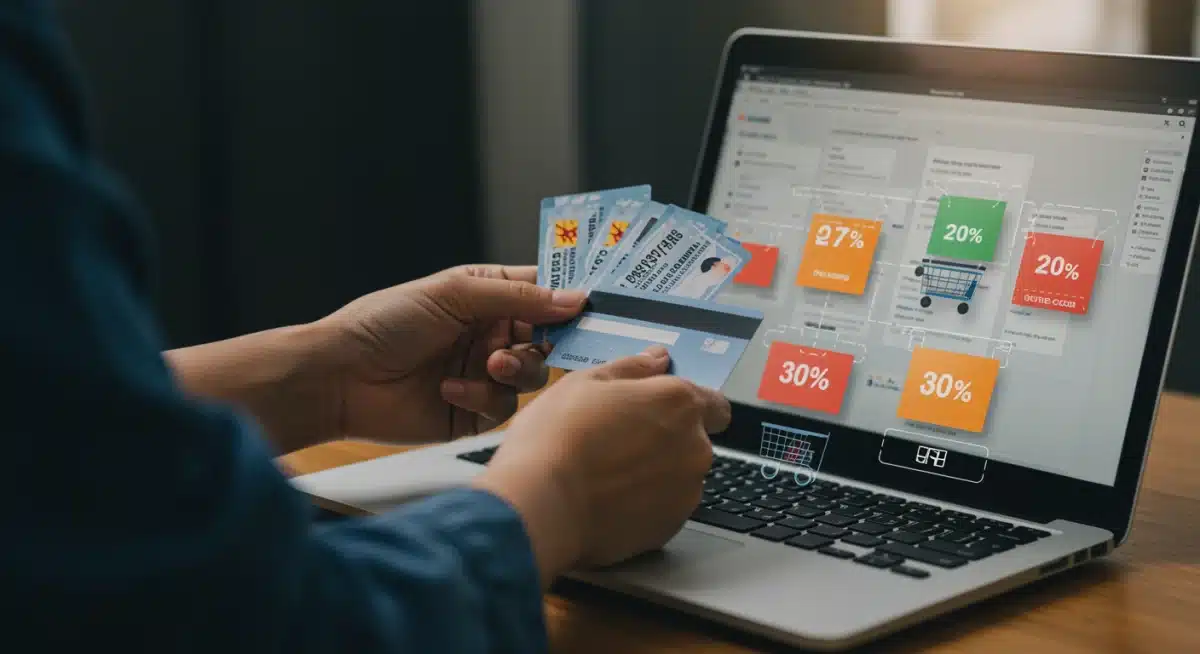 Person combining multiple daily deals and coupons for online purchases