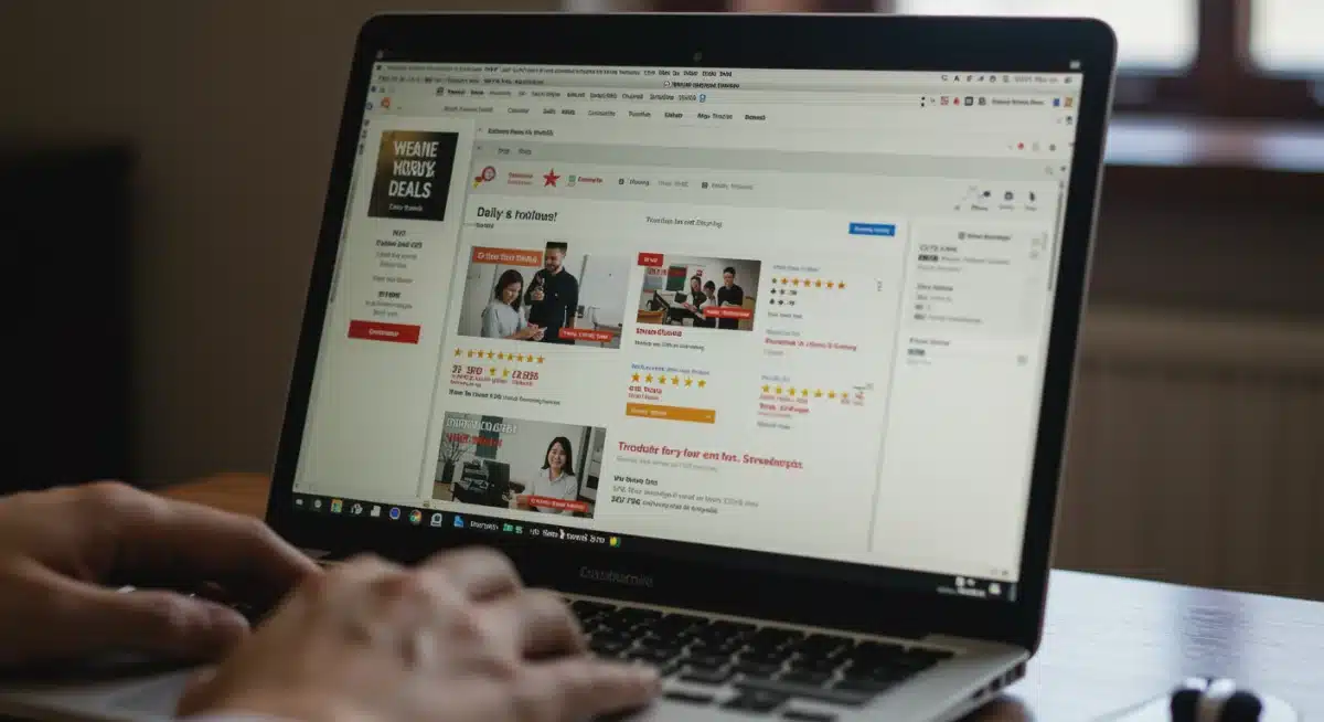 Comparing daily deal prices and vendor reviews on a laptop screen
