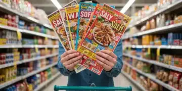 Confused shopper examining weekly flyers in a busy supermarket aisle