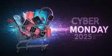 Cyber Monday 2025 tech deals shopping cart with glowing gadgets