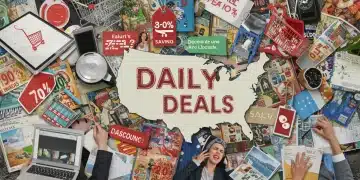 Diverse products and discount tags representing top daily deal aggregators for US consumers in 2025.