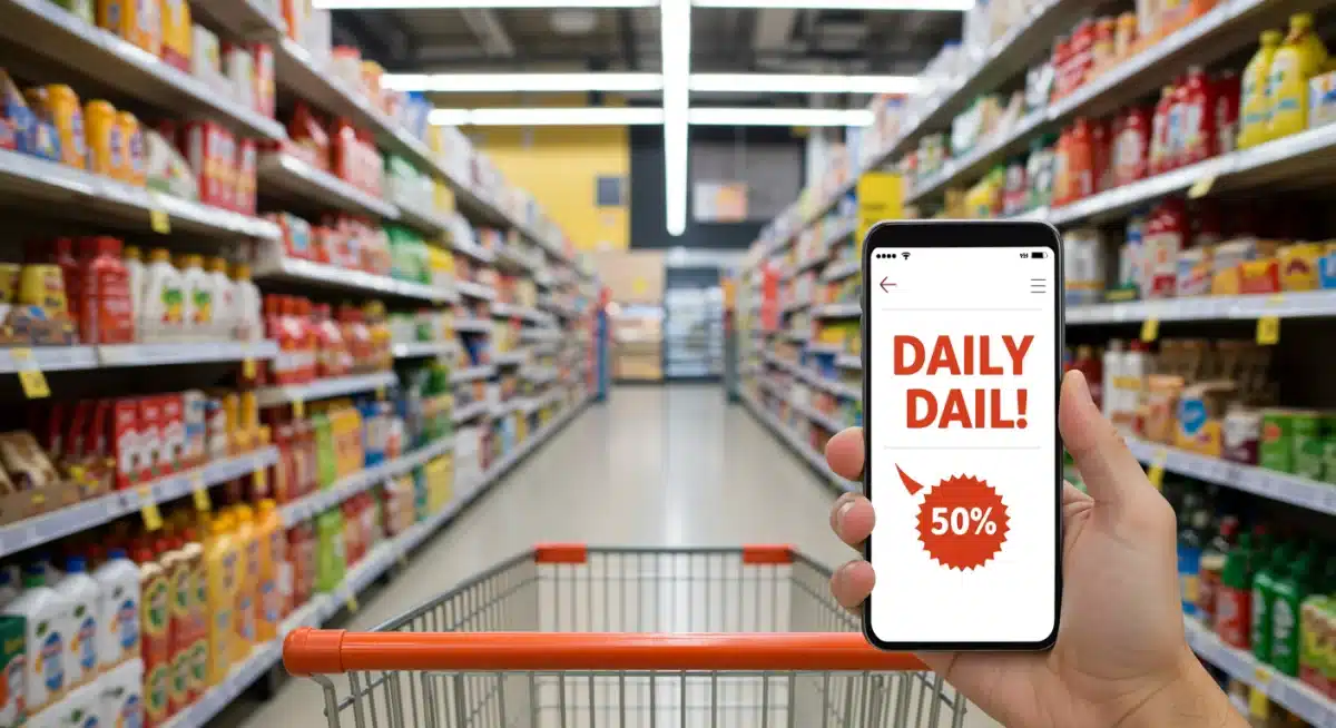 Shopper using daily deal app in supermarket aisle