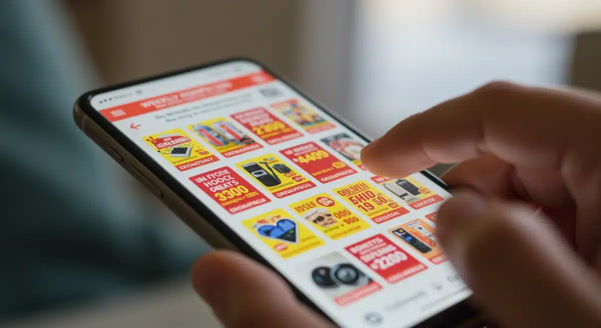 Digital weekly flyer app on a smartphone showing discounted items and a hand interacting with it.