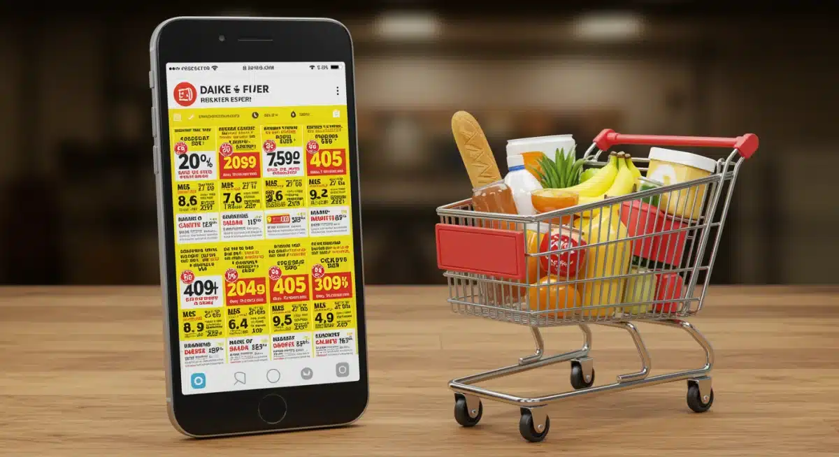 Digital weekly flyer on a smartphone screen next to a full grocery cart, representing modern deal-finding methods.