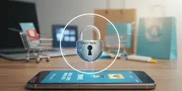Digital lock protecting a smartphone displaying a daily deal, symbolizing secure online shopping and scam prevention.
