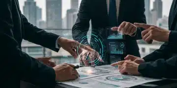 Business professionals collaborating on holographic data display, symbolizing digital transformation in US