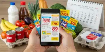 Person checking digital weekly flyers on a smartphone for grocery savings