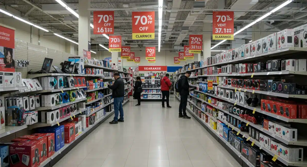Shoppers browsing electronics with 70% off signs during January clearance