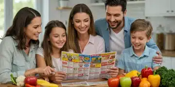 Family reviewing weekly grocery flyer for savings
