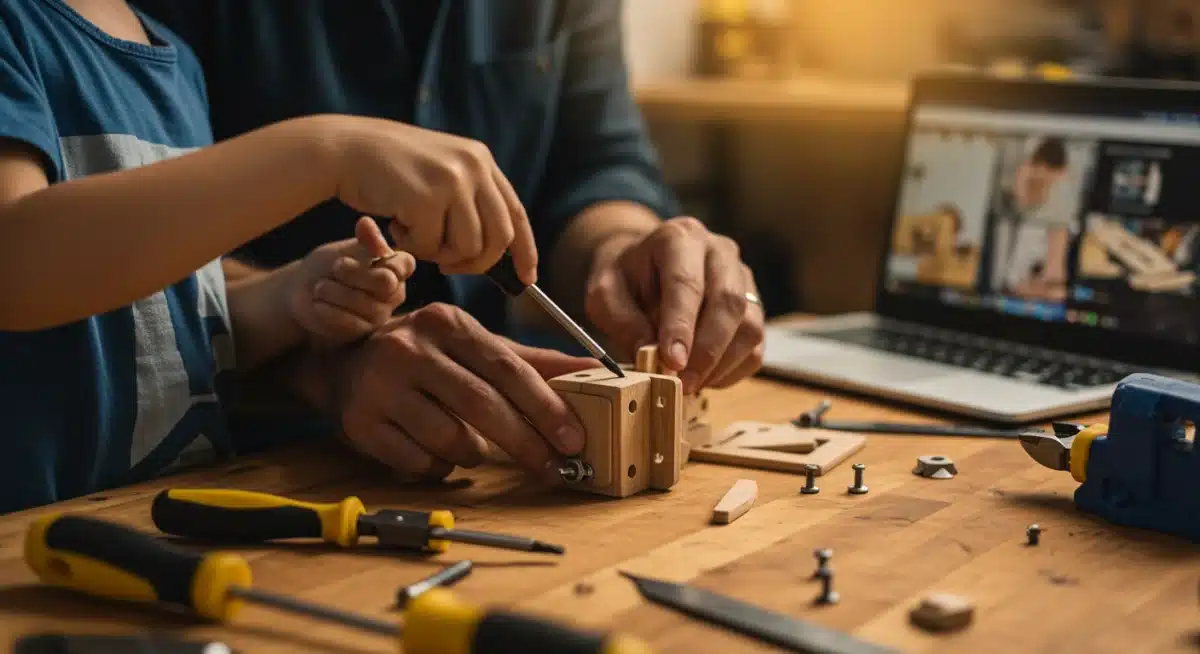 Father and child building together with tools and electronics