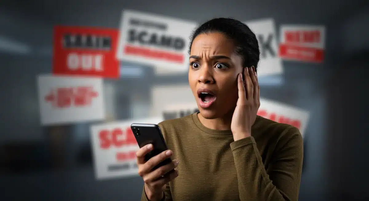 Confused shopper looking at a smartphone, surrounded by deceptive online ads, symbolizing the frustration of encountering scam deals.