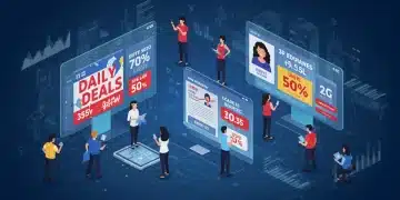 Futuristic daily deals landscape with diverse US consumers browsing offers on digital devices.