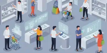 Futuristic retail environment with diverse shoppers and digital integration