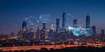 Futuristic cityscape with data streams and holographic interfaces representing emerging technologies in the U.S. market.