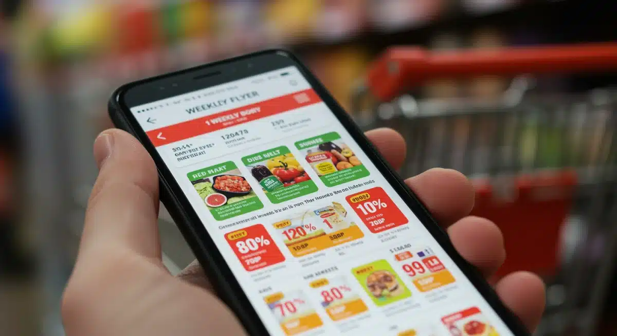 Smartphone displaying a grocery flyer app with a highlighted deal on fresh produce, in a supermarket.