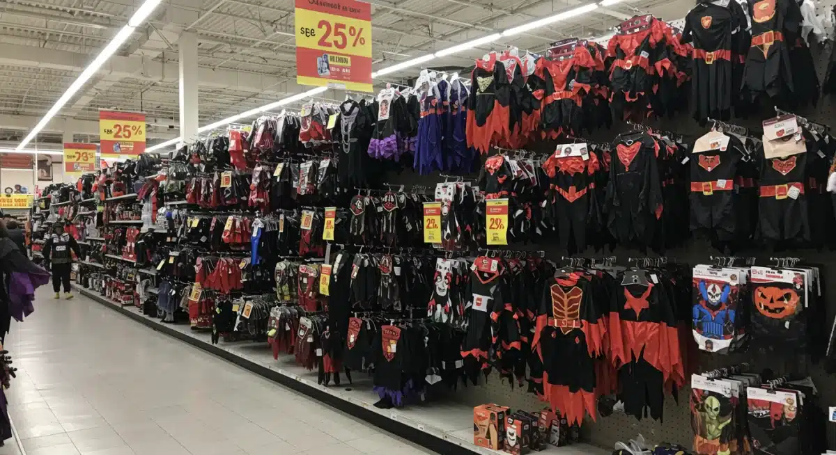Halloween costumes on sale in a store aisle