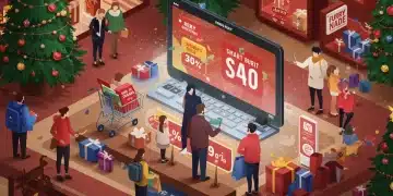 Shoppers engaging with holiday sales in a modern retail environment, digital screens displaying deals.