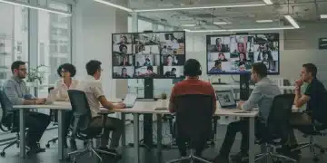 Professionals collaborating in a hybrid work environment, blending office and remote setups.