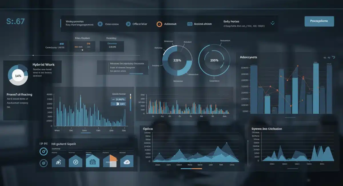 Digital dashboard with hybrid work KPIs and data analytics.