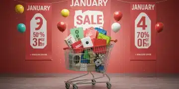 Shopping cart filled with discounted items during January 2025 clearance sales
