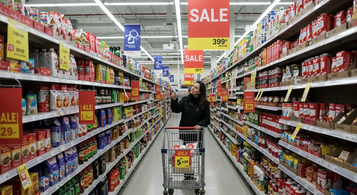 Shopper evaluating a misleading sale sign in a supermarket aisle