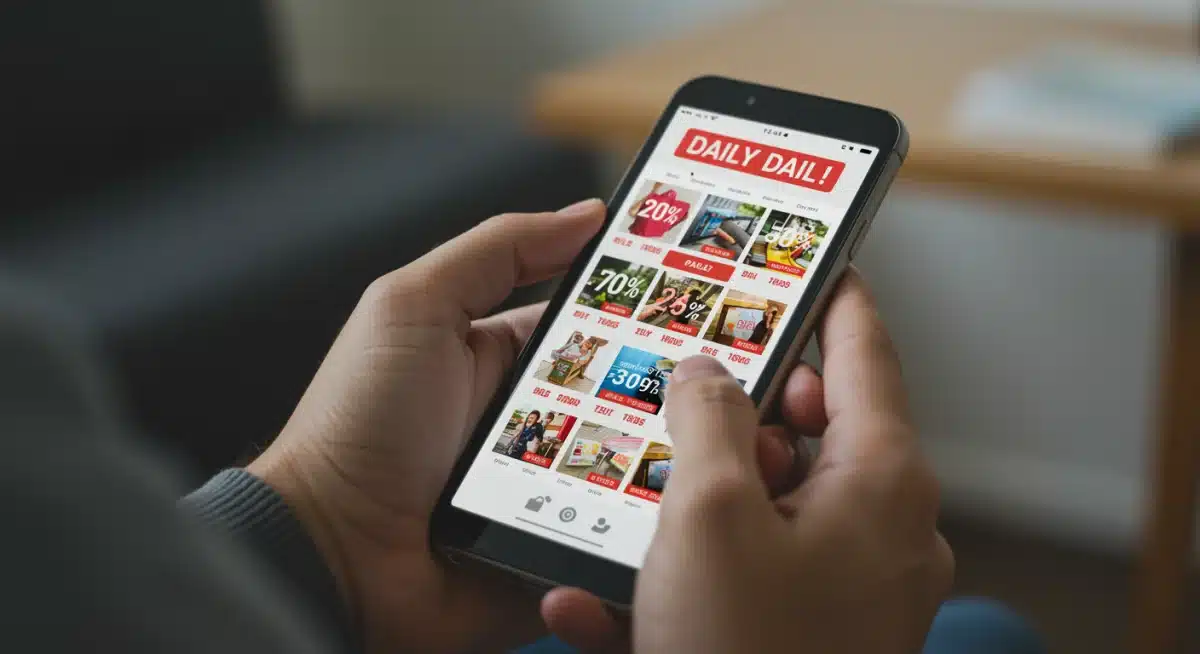 Person browsing daily deals on a smartphone, highlighting mobile shopping convenience.