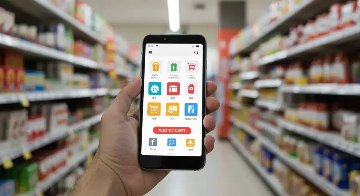 Hand holding smartphone using a mobile shopping app in a retail store