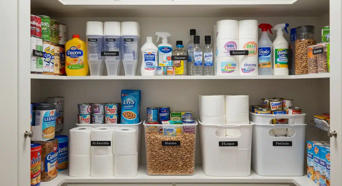 Organized pantry with bulk household essentials, demonstrating effective storage