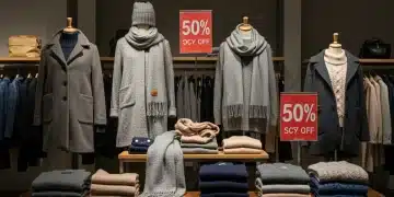 Stylish winter coats and sweaters on display with sales tags in a modern retail store.
