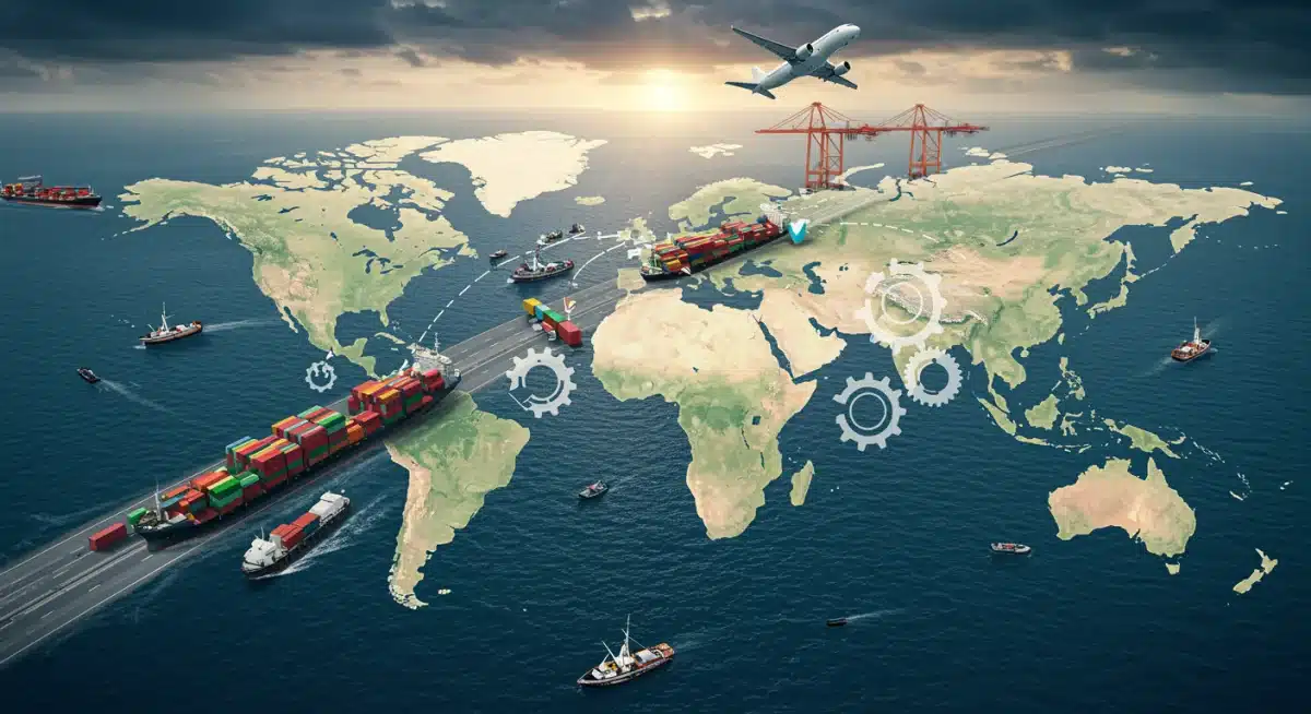 Diagram illustrating resilient global supply chains with diverse transport and interconnected gears.