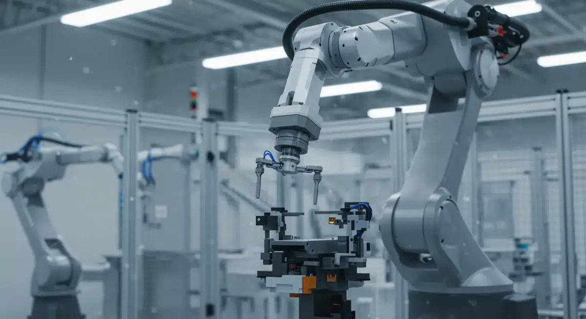 Robotic arm performing precision assembly, showcasing advanced automation and AI in modern manufacturing.
