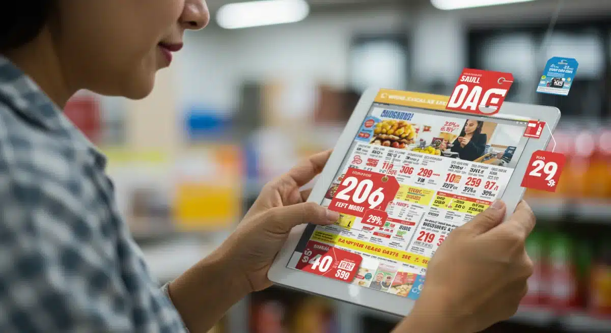 Shopper analyzing digital weekly flyer for best deals