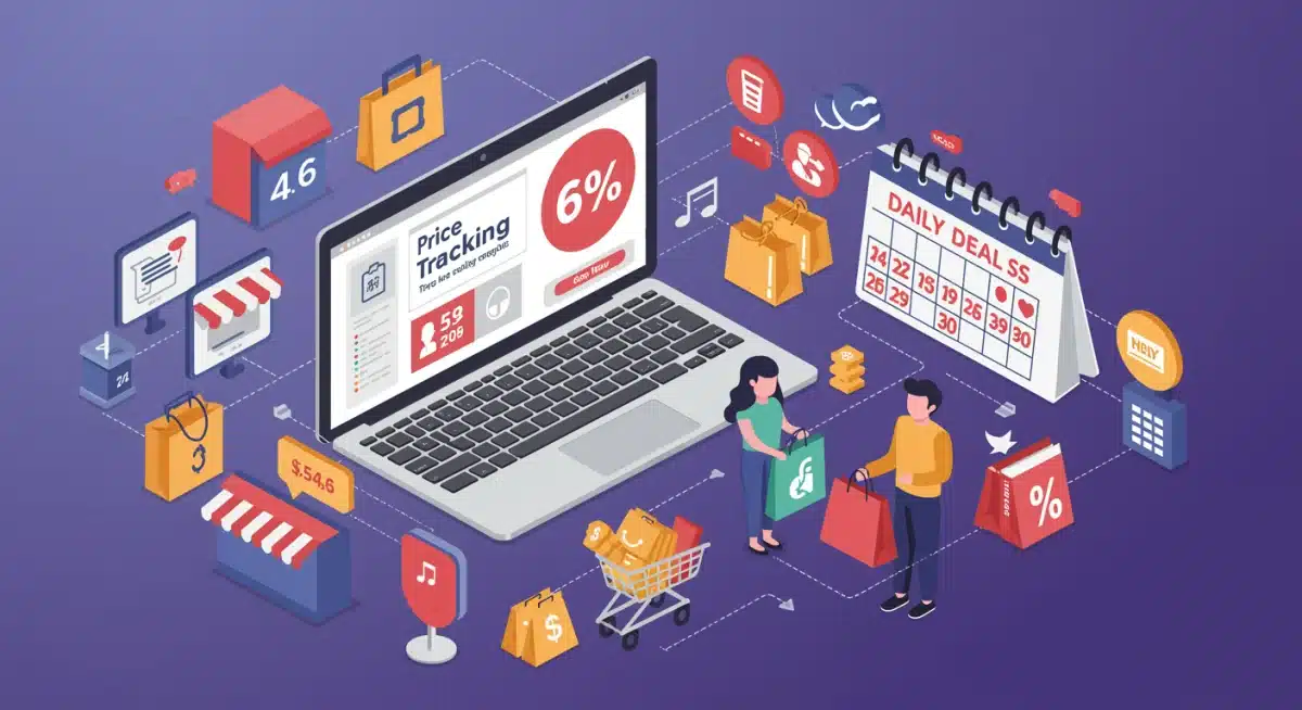 Illustration of a shopper using a price tracking tool to find a daily deal