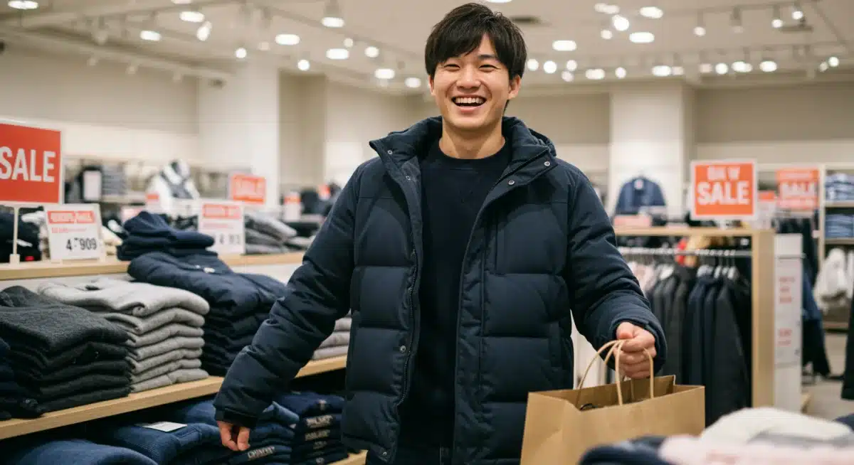 Shopper trying on a warm winter jacket during a post-holiday sale.