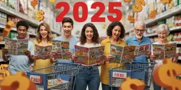 Shoppers enthusiastically reviewing weekly flyers, digital and print, for 2025 deals and financial savings.