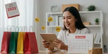 Shopper using tablet to find daily deals, surrounded by shopping bags, representing smart savings in 2025.