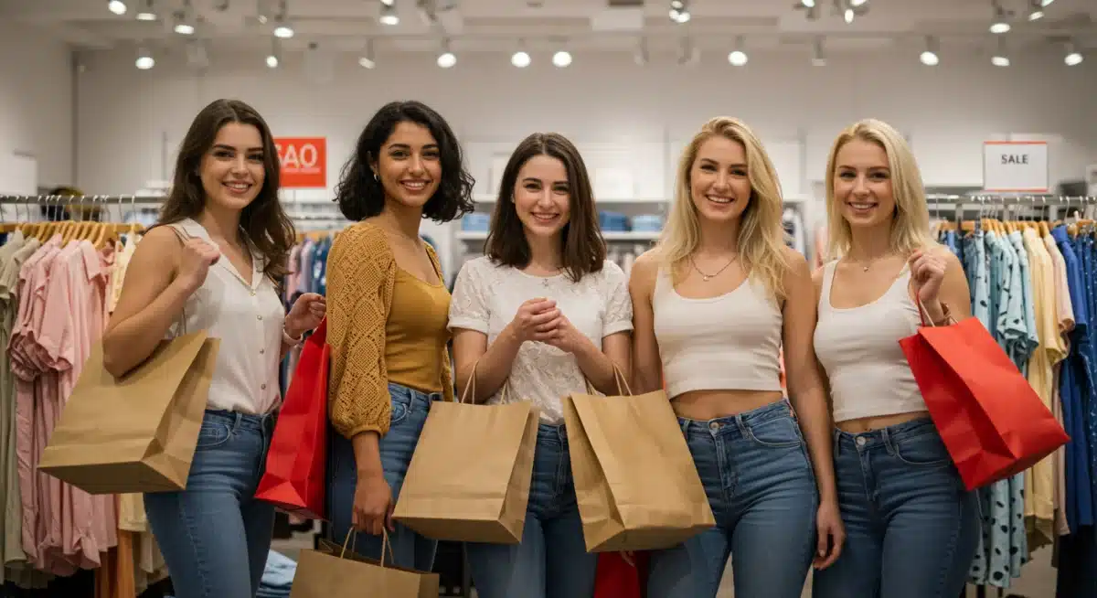 Friends shopping for spring fashion, trying on clothes at an April 2025 sale